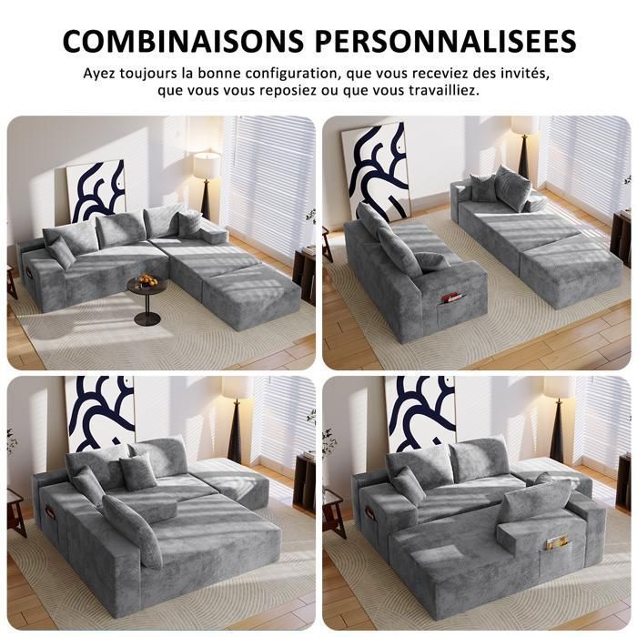 Canapé d'angle Convertible 4 places en U,274L x 175P x 64H cm,avec Fonction Lit,Canapé modulable avec 5 coussins,pour Salon,Gris