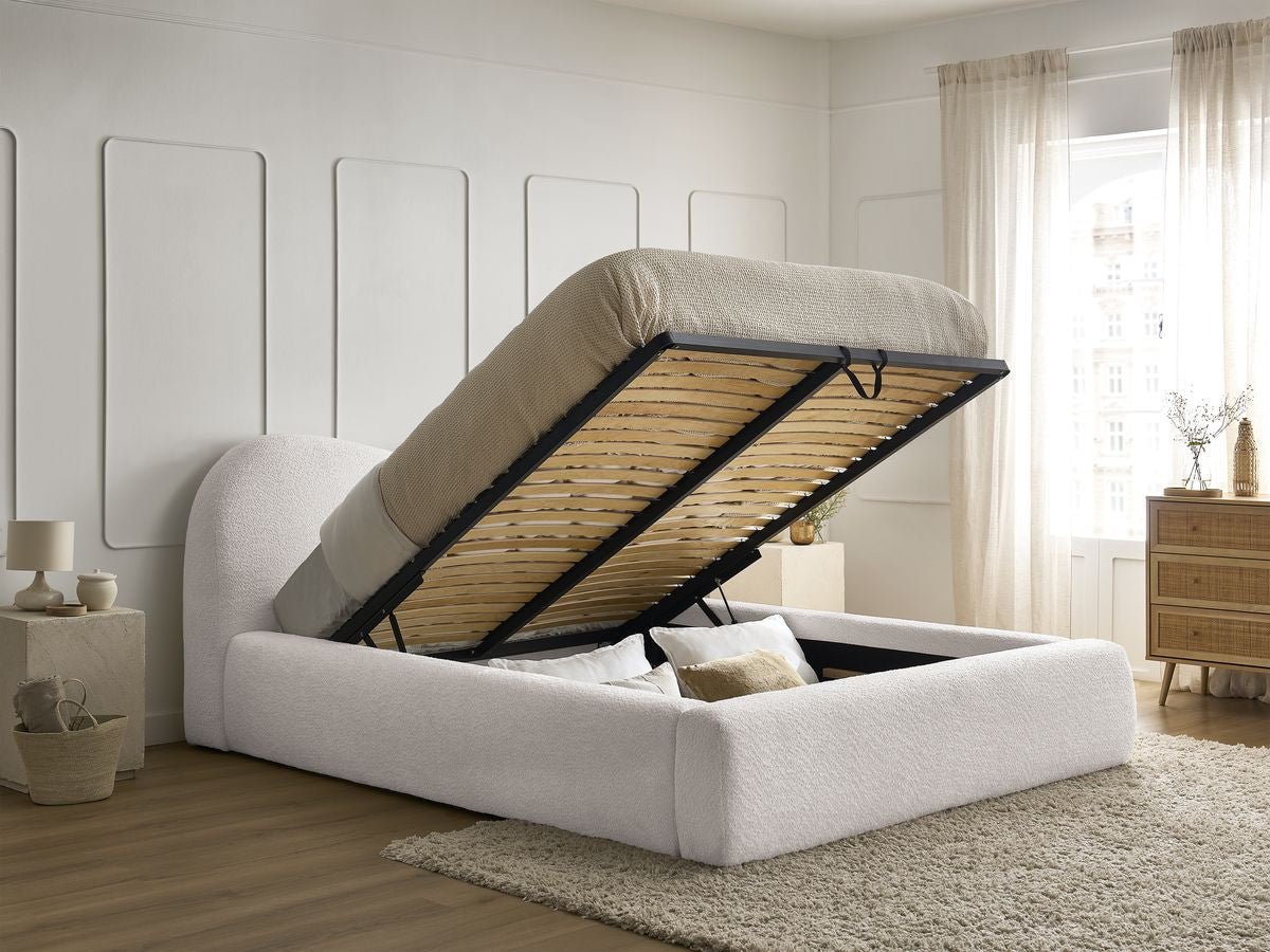Orlane — lit coffre tissu bouclette